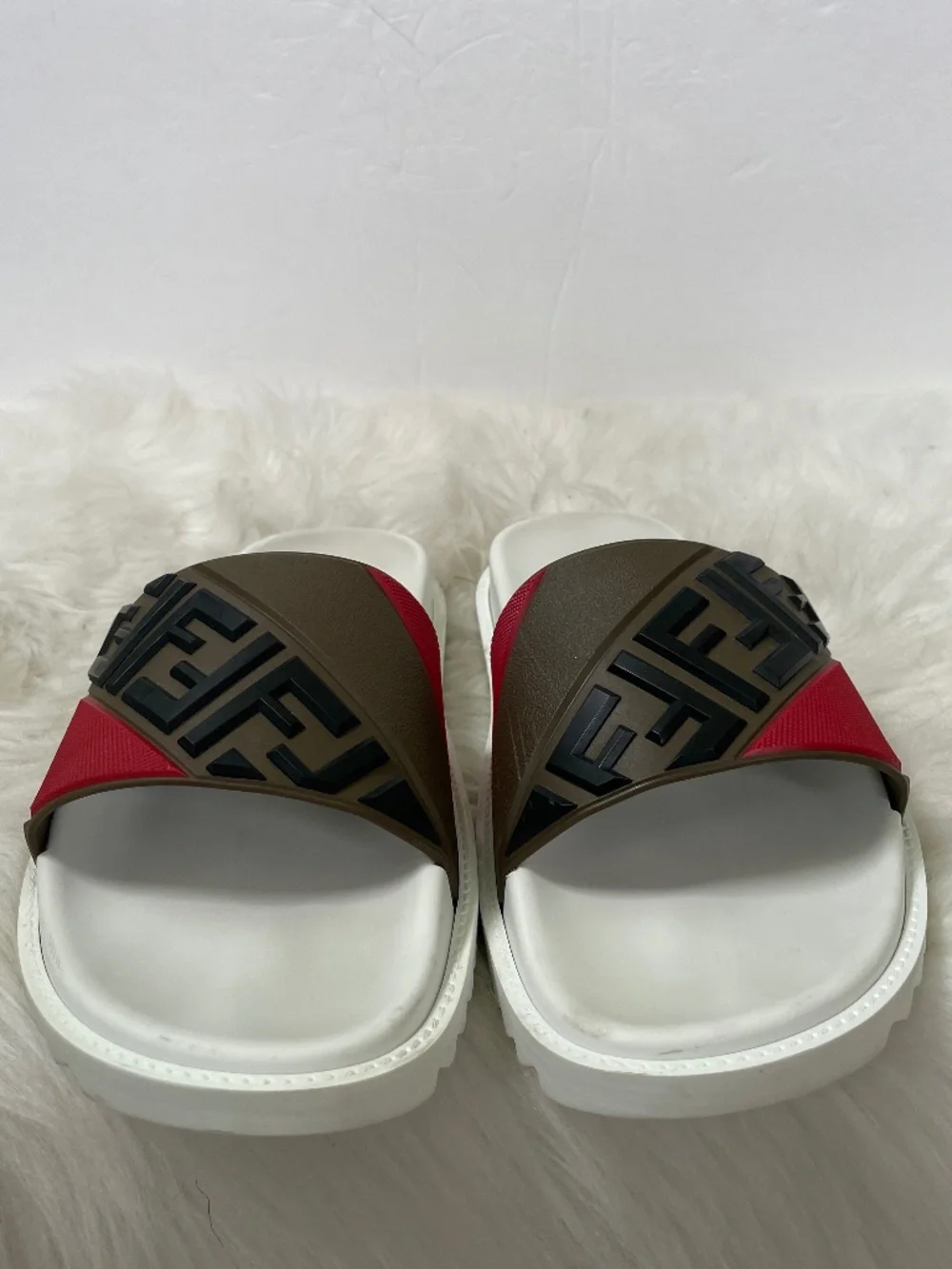 Fendi Authentic Roma Men's Red Brown White Slide Sandals Size 7